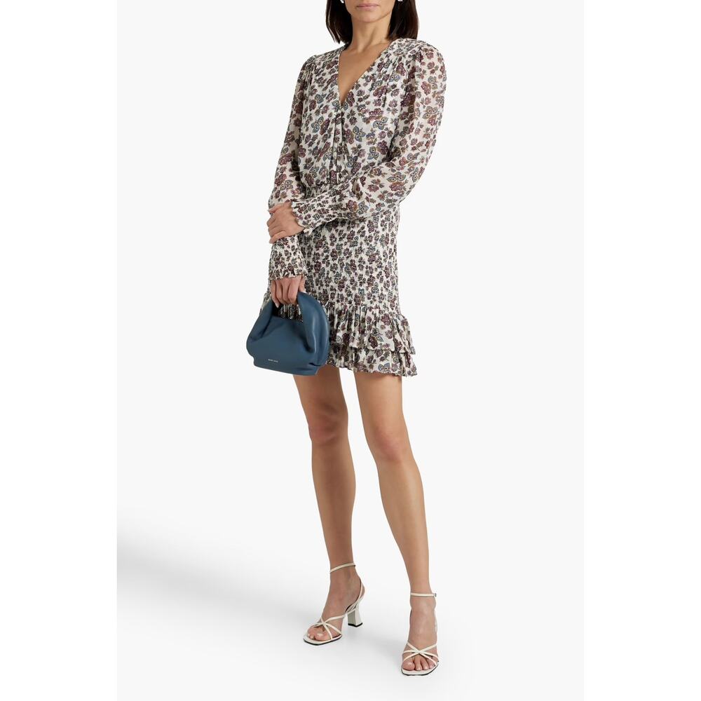 Veronica Beard Saera Shirred Floral Print White Crepe de Chine Mini Dress 10 NWT